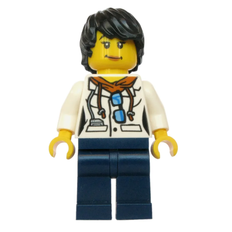 Scientist, Woman, White Jacket over Hoodie with Sunglasses, Dark Blue Legs, Black Hair