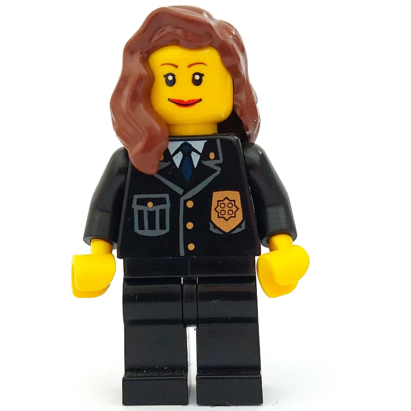 Policewoman, Black Jacket with Badge, Pocket, and Blue Tie, Reddish Brown Hair