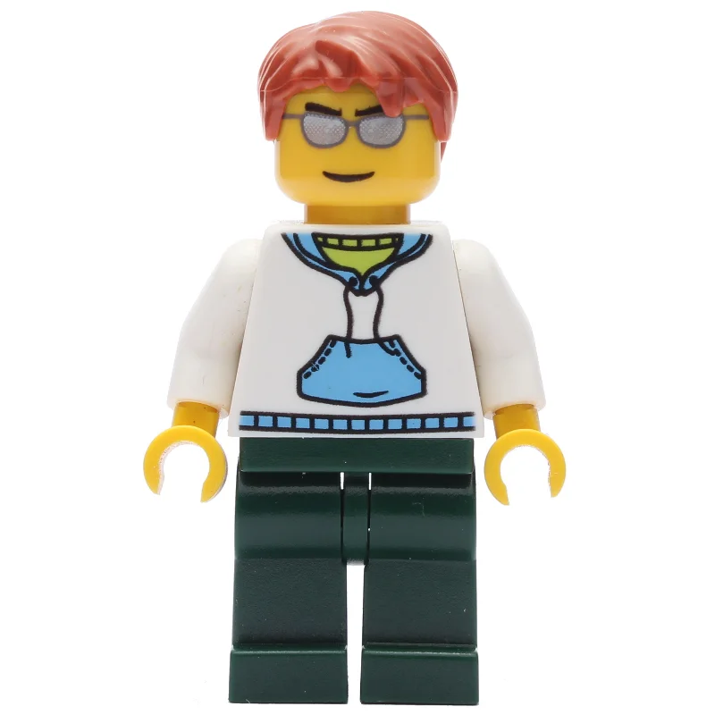 Man, White and Blue Hoodie, Dark Green Legs, Dark Orange Hair, Sunglasses