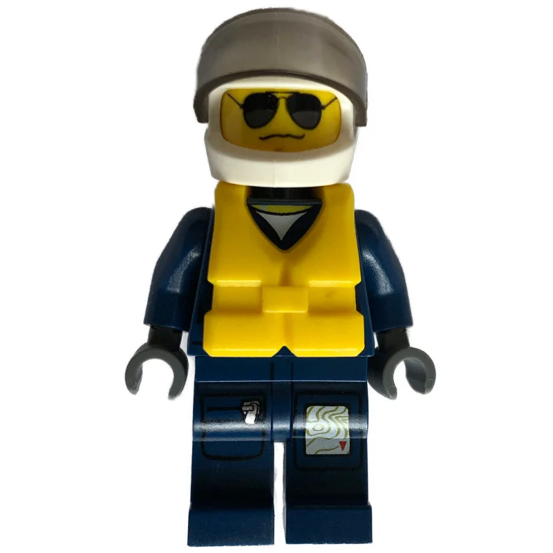 Policeman, Dark Blue Jacket with Pockets and Badge, White Helmet with Visor, Yellow Life Vest, Sunglasses and Wavy Mouth