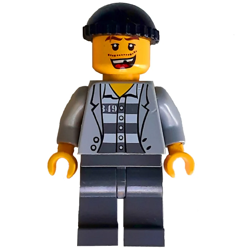 Criminal, Open Light Bluish Gray Jacket over Prison Shirt, Dark Bluish Gray Legs, Black Hat, Missing Tooth (3626c Head)