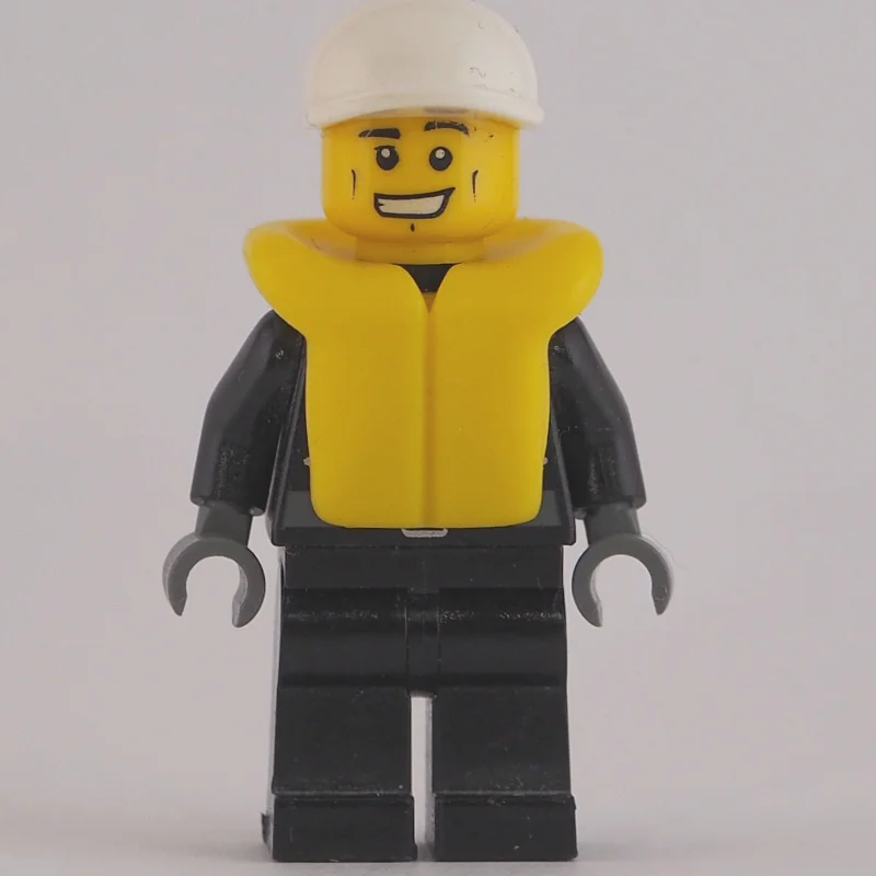 Policeman, Black Jacket with Zipper, Radio, Badge, and 'POLICE' on Back, White Cap, Yellow Life Vest