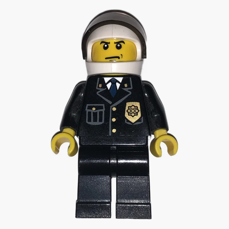 Policeman, Black Suit with Badge, White Helmet with Visor