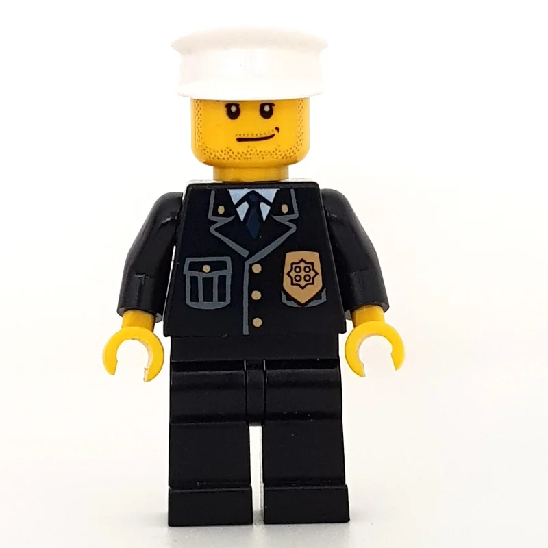 Policeman, Black Suit with Badge, White Hat, Stubble