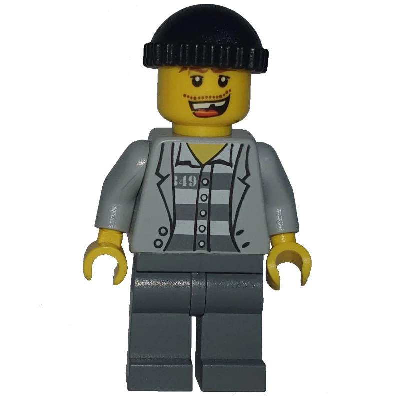 Criminal, Open Light Bluish Gray Jacket over Prison Shirt, Dark Bluish Gray Legs, Black Hat, Missing Tooth (3626b Head)