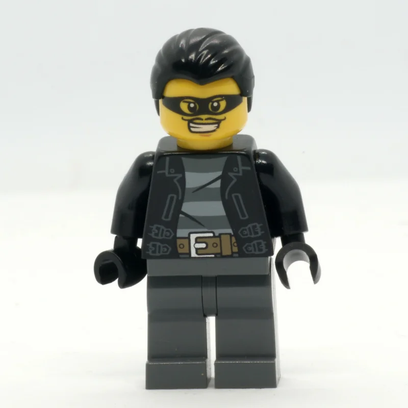 Criminal, Open Black Jacket over Prison Shirt, Dark Bluish Grey Legs, Black Hair, Black Eyemask