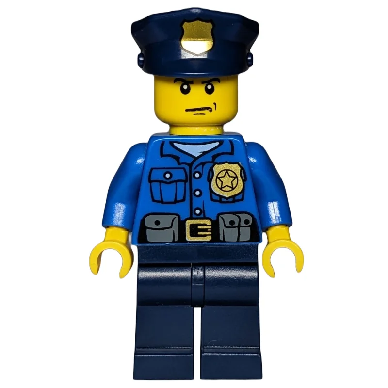 Policeman, Blue Shirt with Badge and Pouches, Dark Blue Legs, Dark Blue Police Hat with Badge, Stern