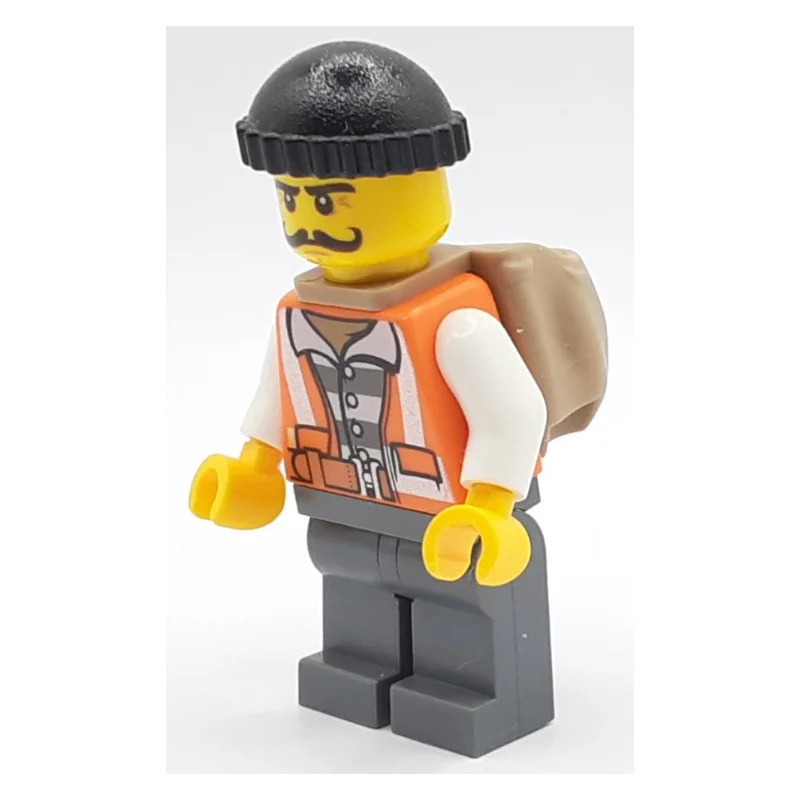Criminal, Open Orange Safety Vest Over Prison Shirt, Black Hat, Moustache