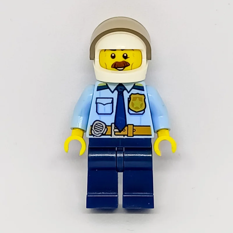 Bright Light Blue Shirt with Dark Blue Tie, Badge, and Radio on Belt, Dark Blue Legs, White Helmet with Visor, Moustache