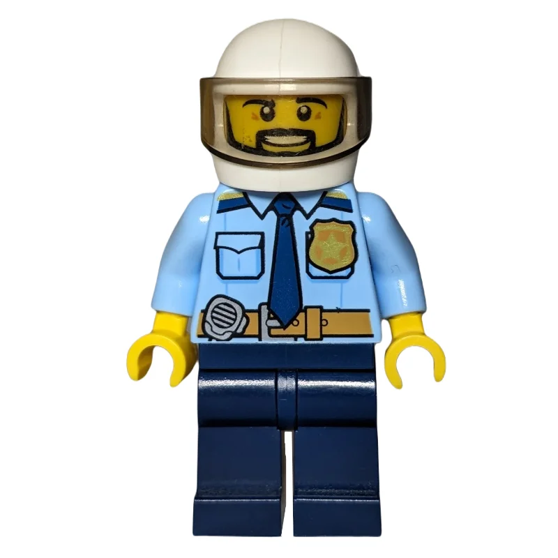 Policeman, Bright Light Blue Shirt with Dark Blue Tie, Badge, and Radio on Belt, White Helmet with Visor, Beard