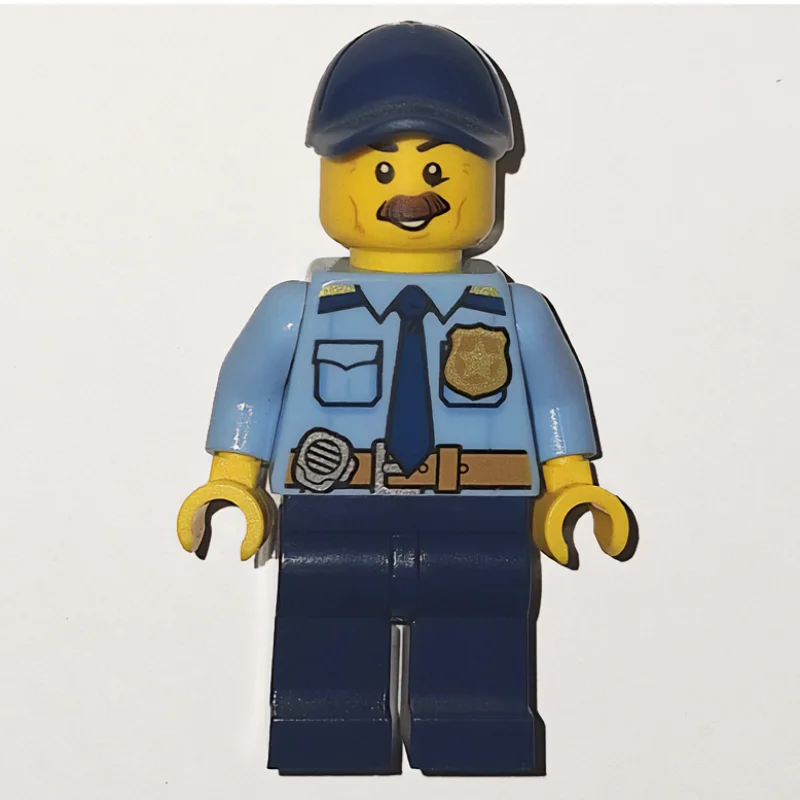 Policeman, Bright Light Blue Shirt with Dark Blue Tie, Badge, and Radio on Belt, Dark Blue Cap, Moustache