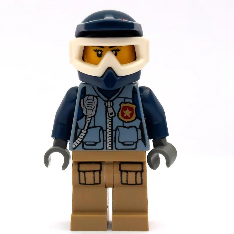 Policewoman, Sand Blue Vest with Zipper, Radio, Badge and Pouches, Tan Legs, Dark Blue Dirt Bike Helmet with Goggles