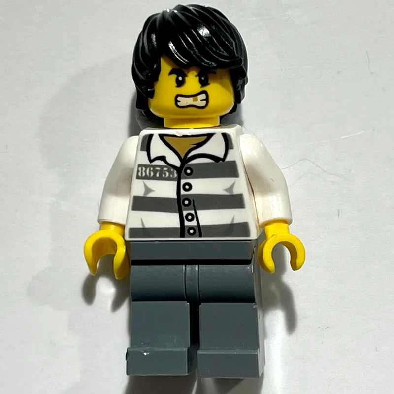 Criminal, Prison Shirt with #86753, Dark Bluish Gray Legs, Black Hair, Gold Tooth