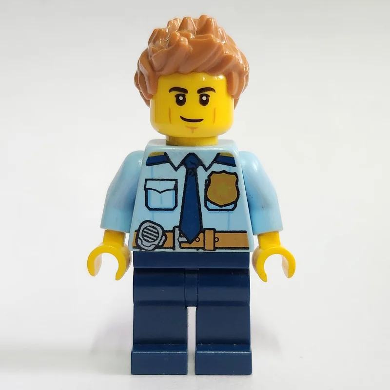 Policeman, Bright Light Blue Shirt with Dark Blue Tie, Badge, and Radio on Belt, Medium Nougat Spiked Hair