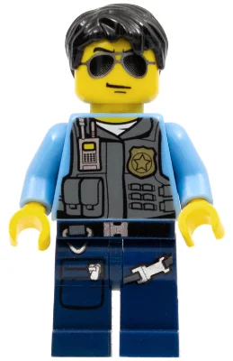 Policeman, Dark Bluish Gray Vest with Radio, Badge and Pouches over Medium Blue Shirt, Black Hair, Sunglasses