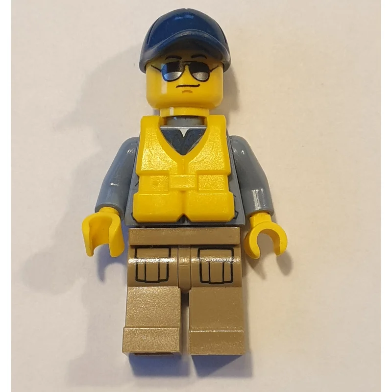 Policeman, Sand Blue Jacket with Pockets and 'POLICE' on Back, Dark Blue Cap, Yellow Life Vest, Sunglasses