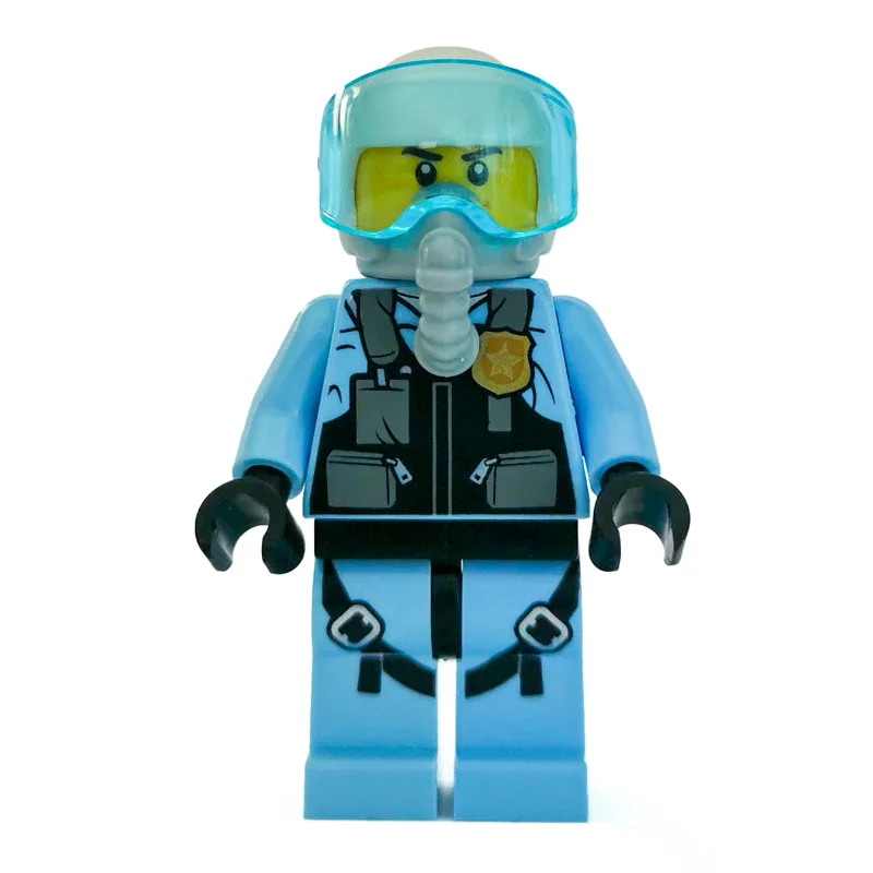 Policeman, Black Vest with Badge and Pouches over Bright Light Blue Shirt, White Helmet with Visor, Breathing Apparatus