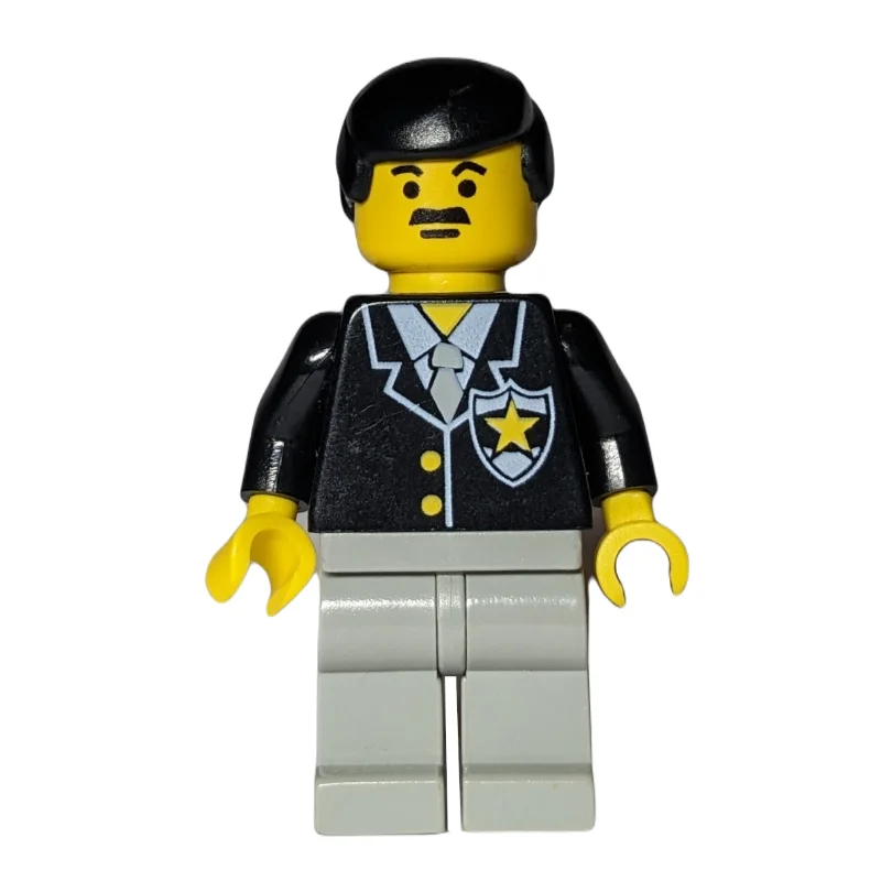 Policeman, Black Jacket with Tie and Badge, Light Gray Legs, Black Hair, Moustache
