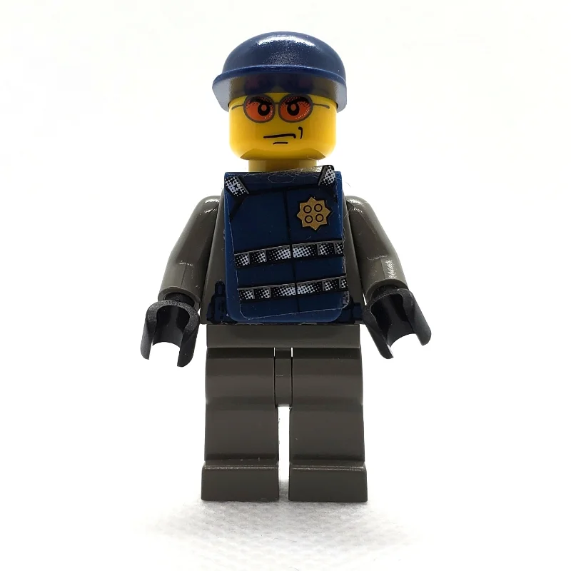 Security Guard, Dark Gray Shirt with Badge, Dark Blue Cap, Dark Blue Vest, Orange Sunglasses