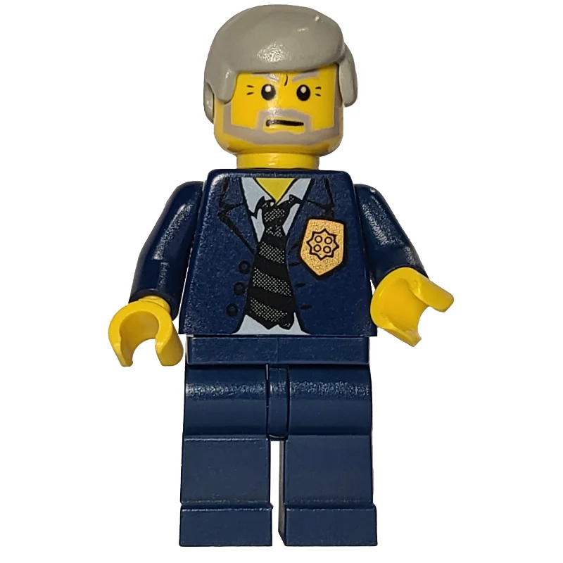 Policeman, Dark Blue Suit with Tie and Badge, Light Gray Hair, Beard