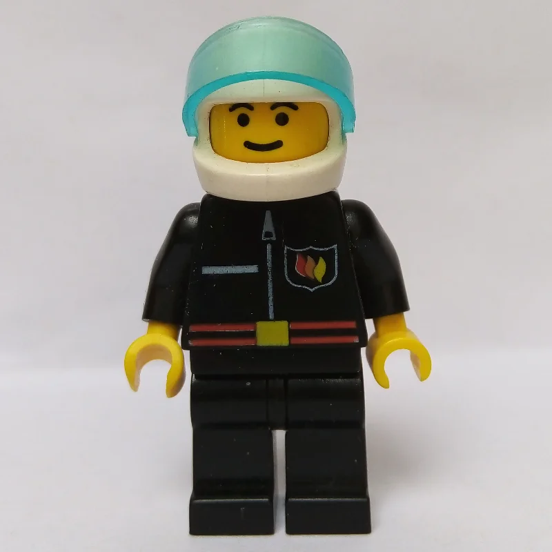 Fireman, Black Fire Jacket with Red Belt and Badge, White Helmet with Visor