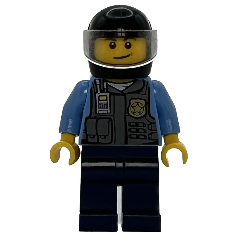 Policeman, Dark Bluish Gray Vest with Radio, Badge and Pouches over Medium Blue Shirt, Black Helmet with Visor