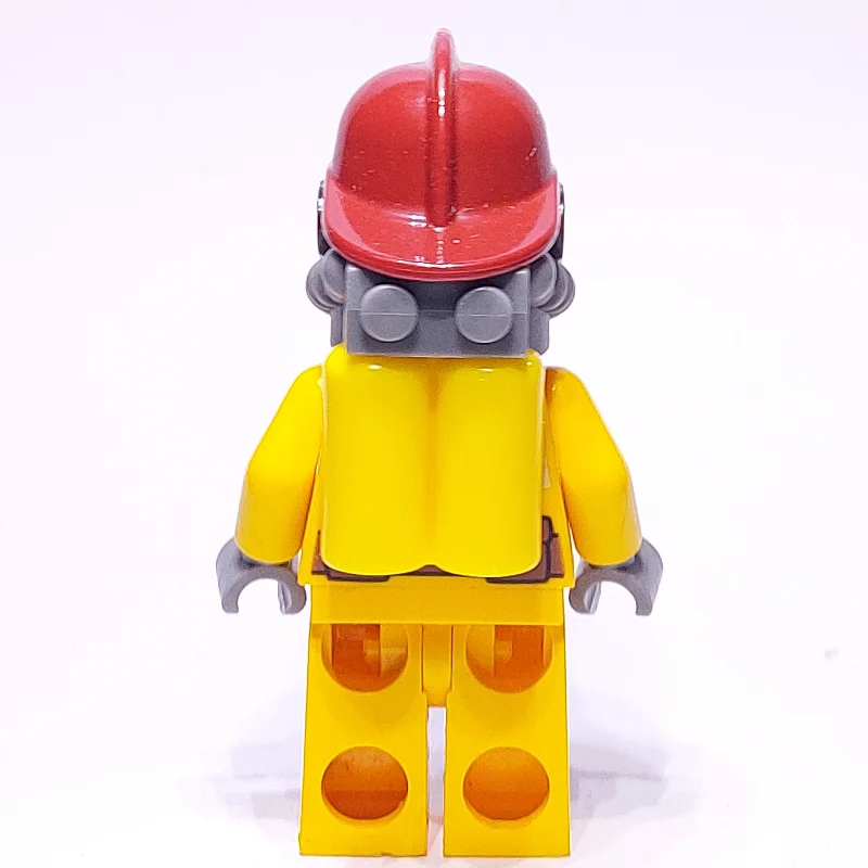 Fireman, Bright Light Orange Fire Suit, Dark Red Helmet, Breathing Apparatus, Airtanks, Sweat Drops
