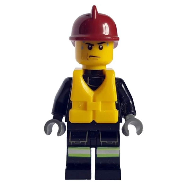 Fireman, Black Fire Suit with Gauge and Straps, Dark Red Helmet, Yellow Life Vest, Sweat Drops