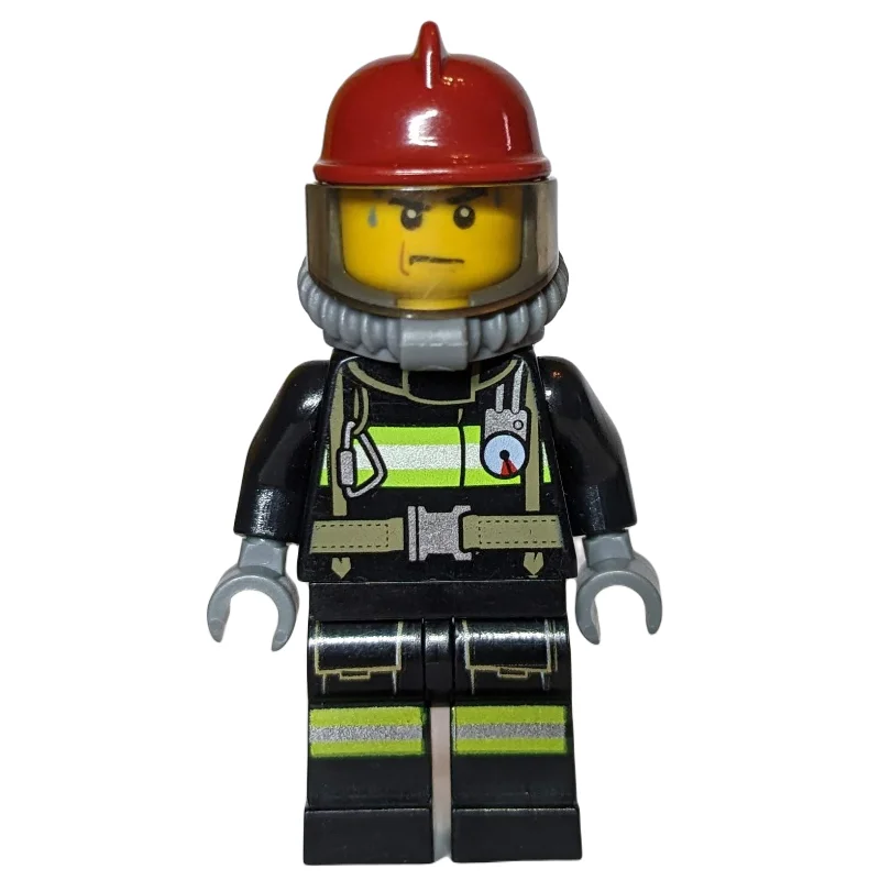 Fireman, Black Fire Suit with Gauge and Straps, Dark Red Helmet, Breathing Apparatus, Airtanks, Sweat Drops