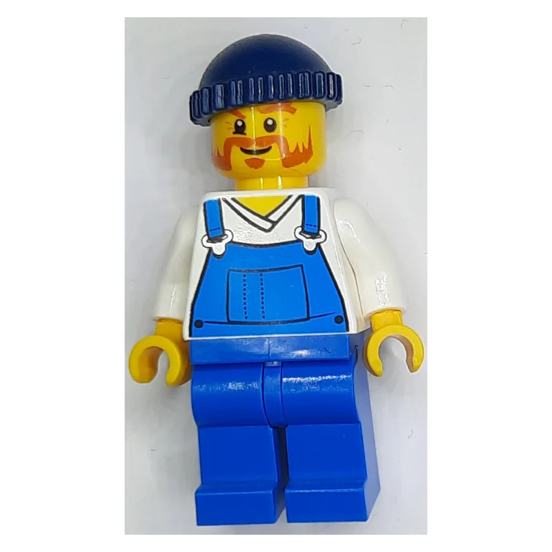 Man, Blue Overalls over Shirt, Blue Legs, Dark Blue Hat, Beard