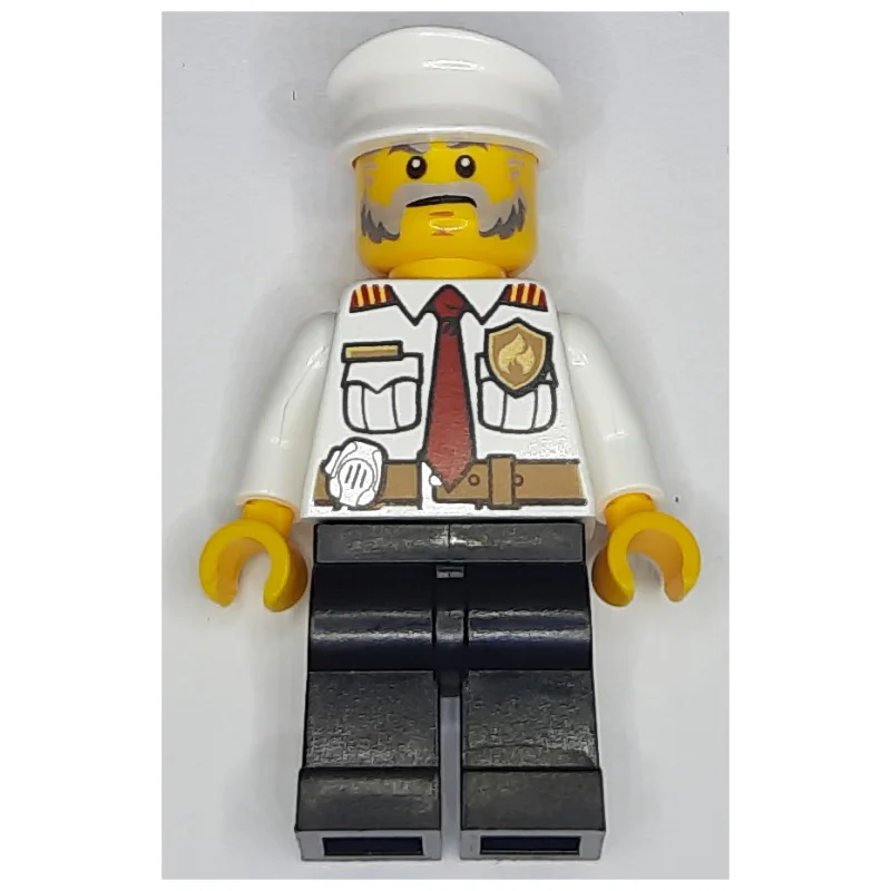 Fireman, White Shirt with Red Tie, Badge, and Radio on Belt, White Hat, Beard