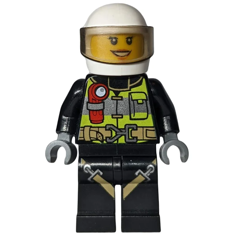 Firewoman, Safety Vest with Flashlight, Pocket, and Belt, Black Legs with Straps, White Helmet with Visor