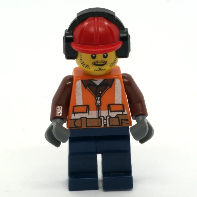 Construction Worker, Orange Safety Vest with Zipper and Pockets, Red Hard Hat with Ear Defenders, Stubble