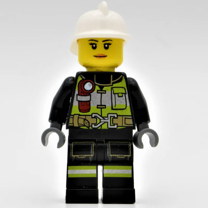Firewoman, Black Fire Suit with Gauge and Straps, White Helmet