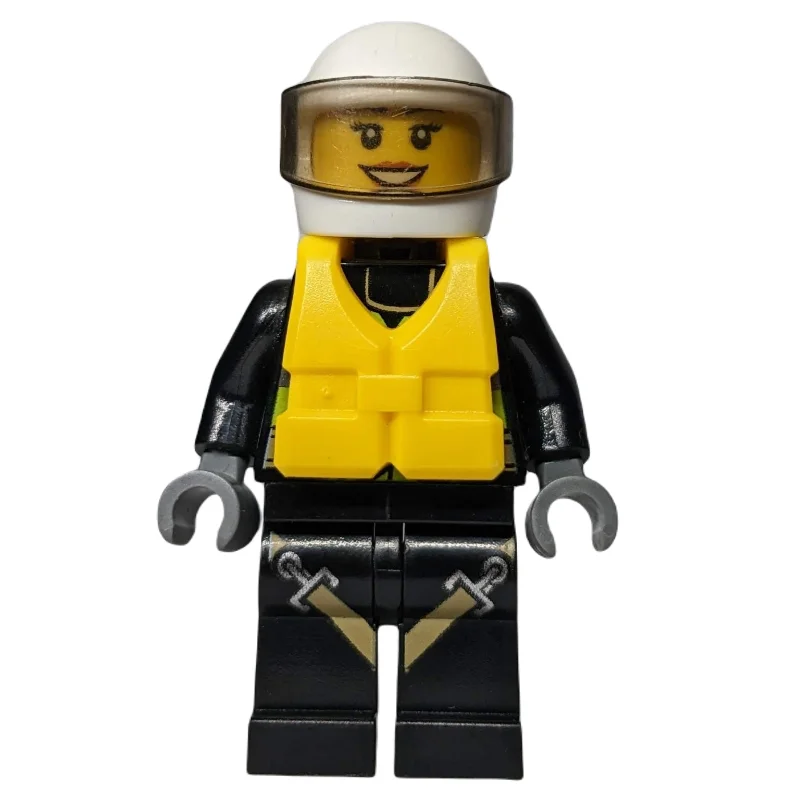 Firewoman, Safety Vest with Flashlight, Pocket, and Belt, Black Legs with Straps, White Helmet with Visor, Yellow Life Vest
