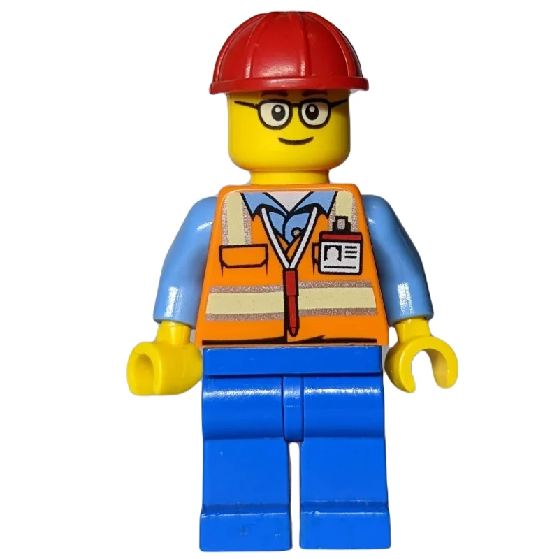 Construction Worker, Orange Safety Vest with Pen and ID Badge, Red Hard Hat, Glasses