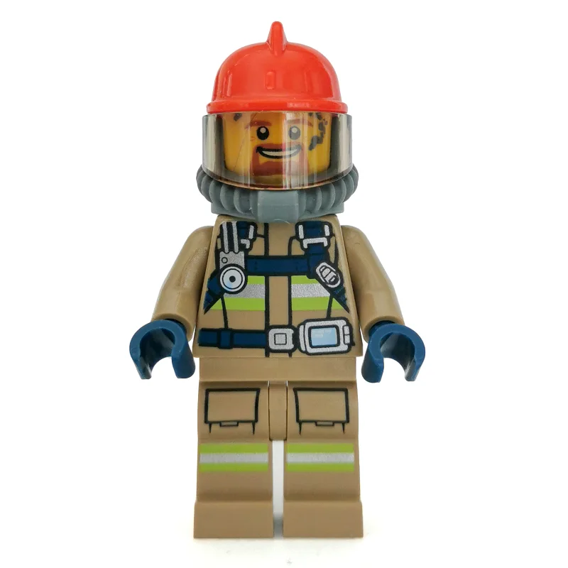 Fireman, Dark Tan Fire Suit with Gauge and Straps, Red Helmet, Breathing Apparatus, Airtanks, Goatee Beard