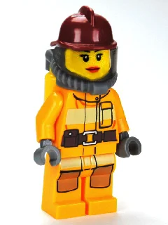 Firewoman, Bright Light Orange Fire Suit, Dark Red Helmet, Breathing Apparatus, Airtanks