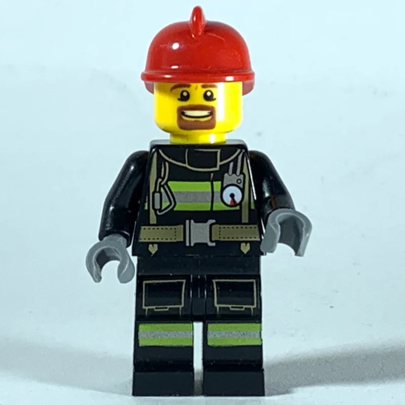 Fireman, Black Fire Suit with Gauge and Straps, Red Helmet, Goatee Beard