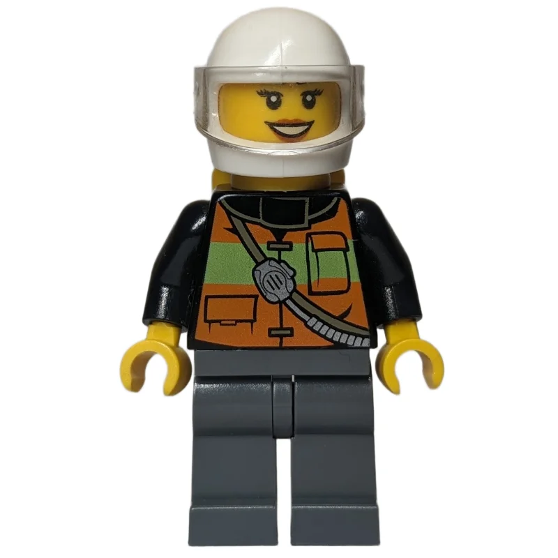 Firewoman, Orange Safety Vest with Radio, White Helmet with Visor, Airtanks