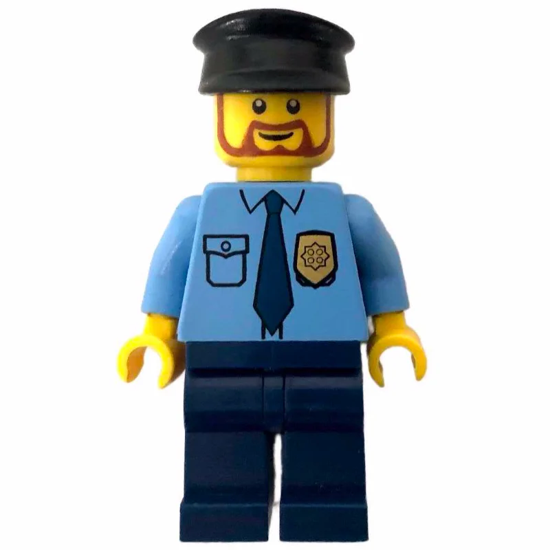Policeman, Medium Blue Shirt with Badge and Tie, Dark Blue Legs, Black Hat, Beard