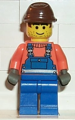 Pete - Construction Worker, Blue Overalls over Orange Sweater, Brown Cavalry Cap, Printed Hair and Stubble