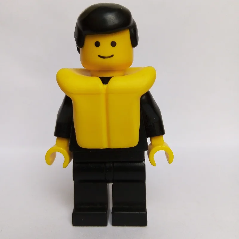 Policeman, Black Suit with Badge, Black Hair, Yellow Life Vest
