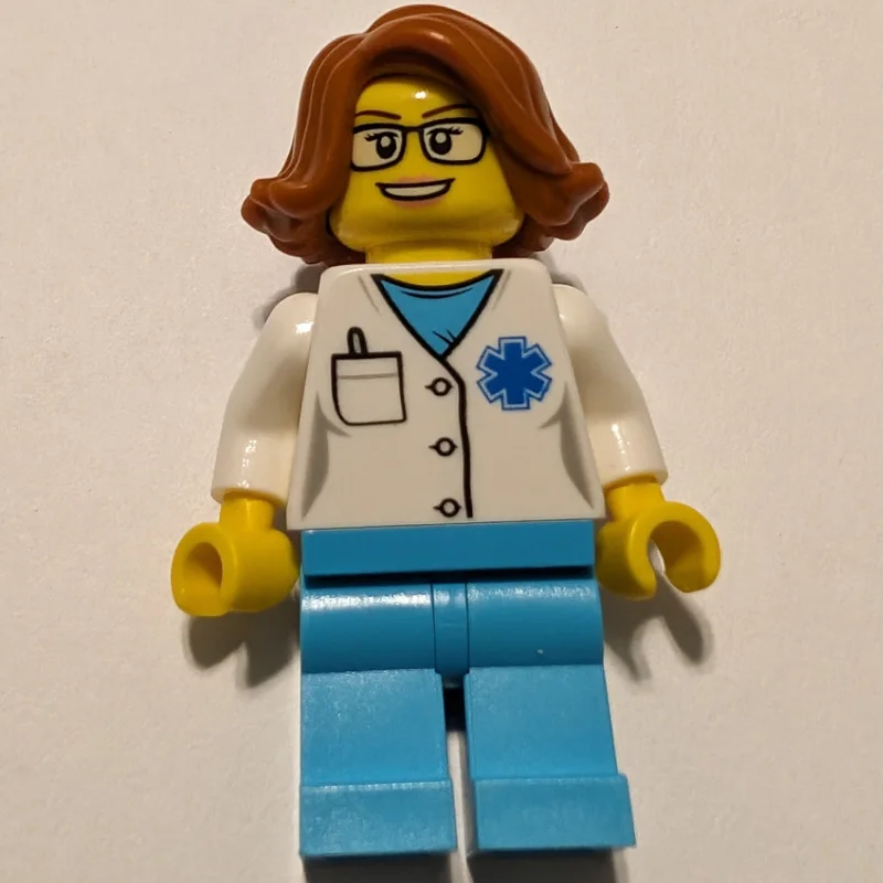 Doctor Grey, Woman, White Shirt over Medium Azure Scrubs with Star of Life and Pocket, Dark Orange Hair, Glasses