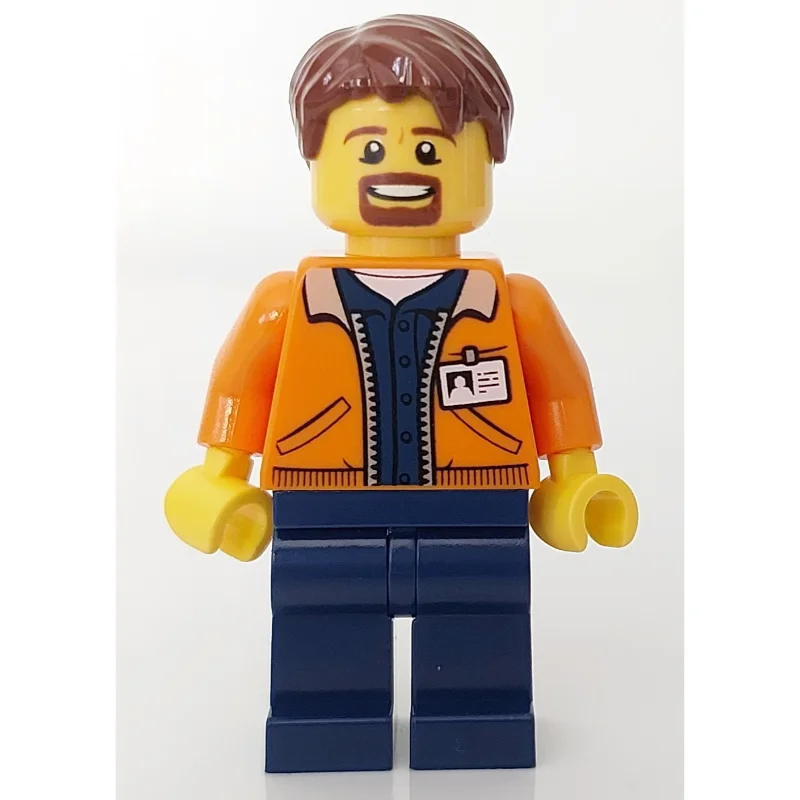 Man, Open Orange Jacket over Dark Blue Shirt, Reddish Brown Hair, Goatee Beard
