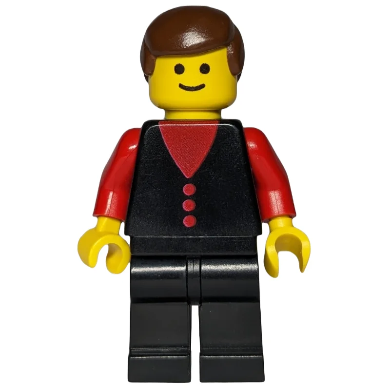 Man, Black Vest over Red Shirt, Black Legs, Brown Hair
