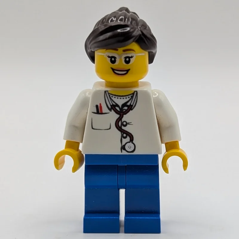 Doctor, Woman, White Shirt with Pocket and Stethoscope, Blue Legs, Dark Brown Hair, Glasses