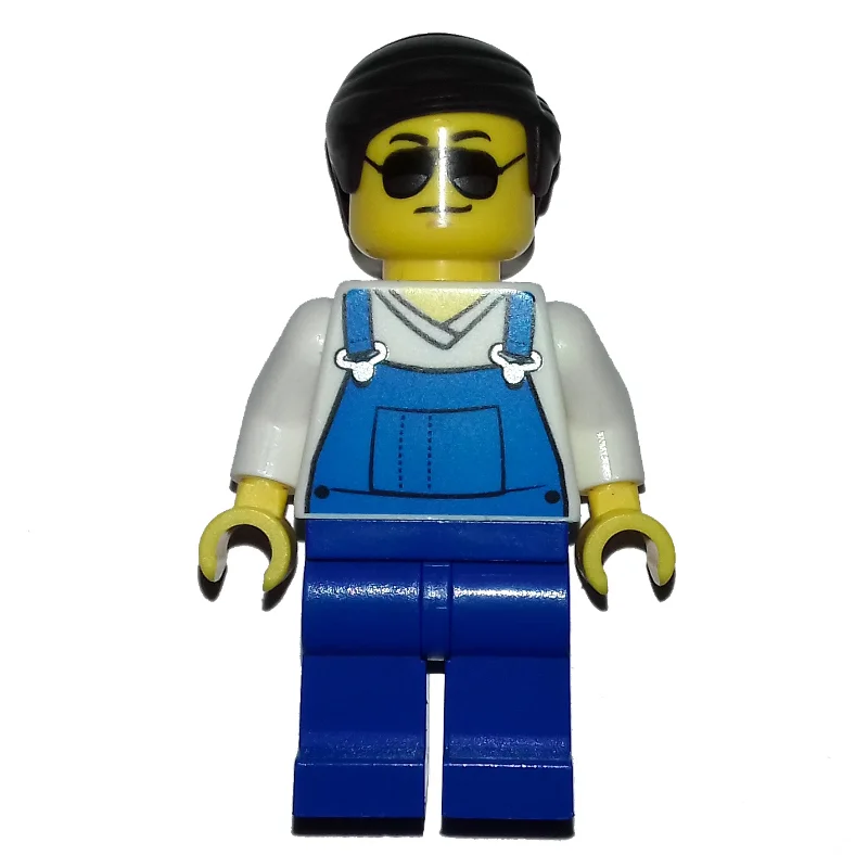 Man, Blue Overalls over White V-Neck Shirt, Dark Brown Hair, Sunglasses