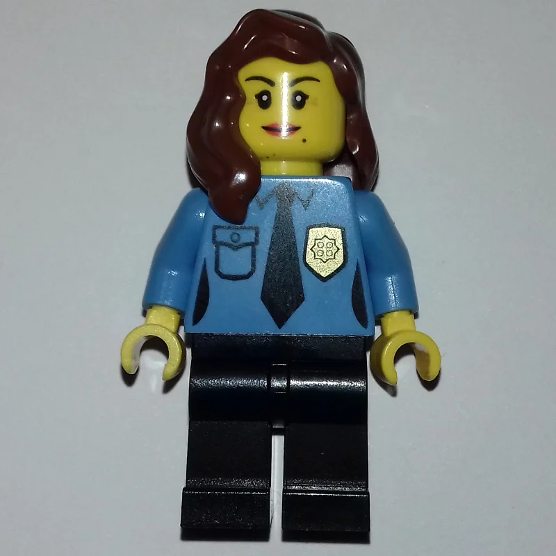 Policewoman, Medium Blue Shirt with Tie and Badge, Black Legs, Reddish Brown Hair