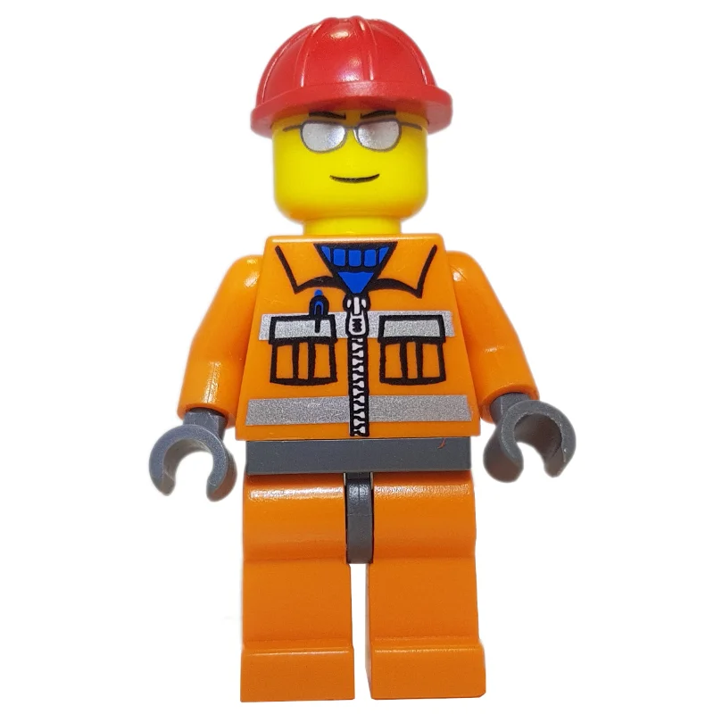 Construction Worker, Orange Jacket with Zipper and Reflective Stripes, Orange Legs, Red Hard Hat, Silver Sunglasses